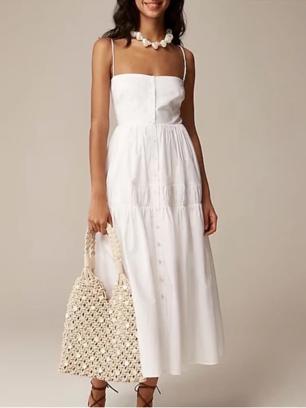 J. Crew White Button-Front Spaghetti-Strap Maxi Dress
